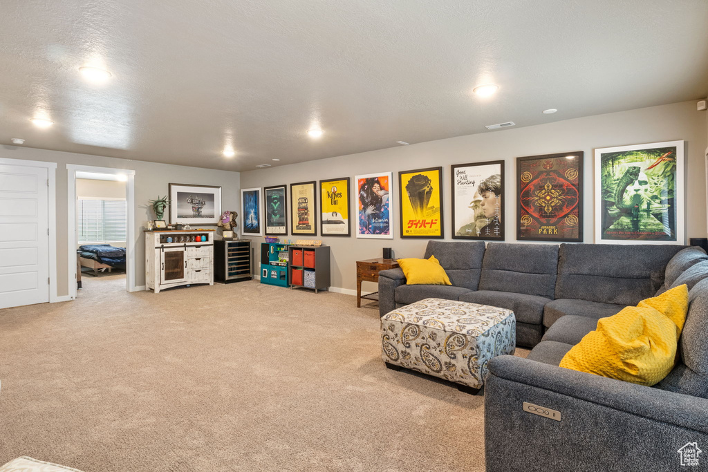 Living area with beverage cooler and light carpet