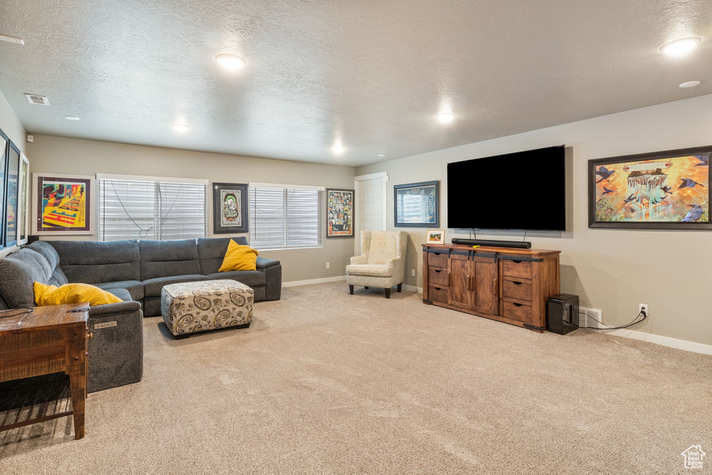 Carpeted living area featuring a textured ceiling and recessed lighting