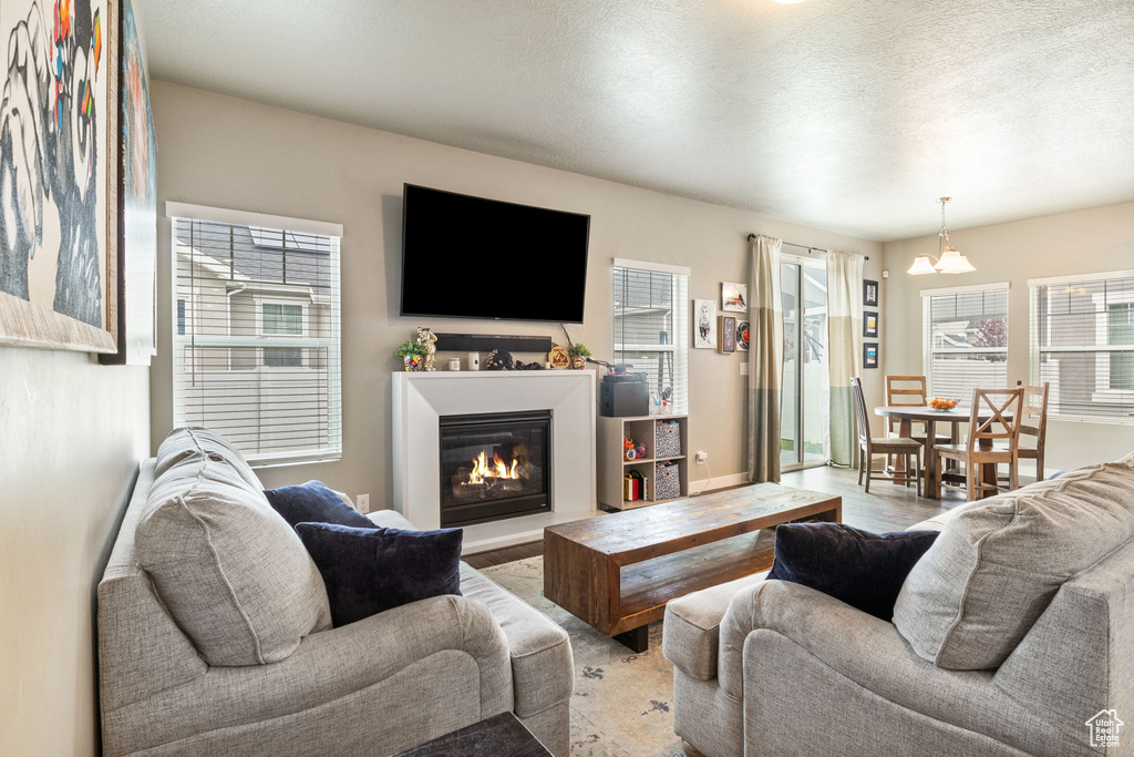 Living room with healthy amount of natural light, a glass covered fireplace, wood finished floors, and a textured ceiling