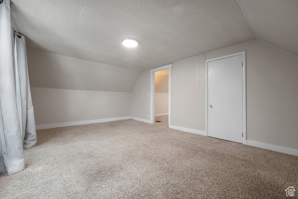 Additional living space featuring vaulted ceiling, carpet flooring, and a textured ceiling