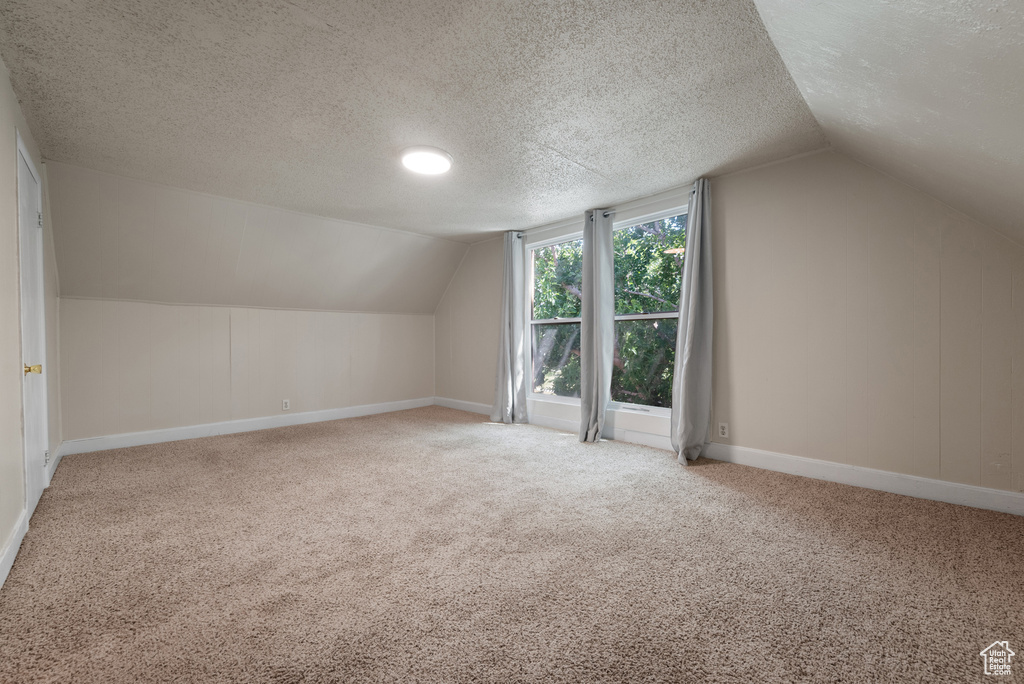 Additional living space featuring vaulted ceiling, carpet floors, and a textured ceiling