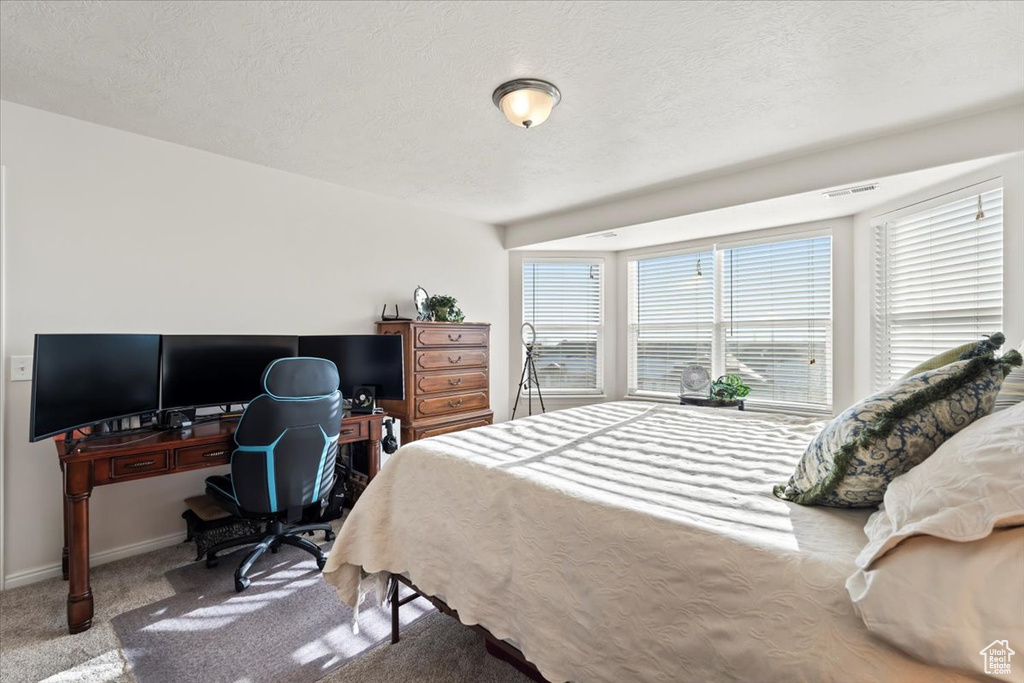 Bedroom featuring carpet flooring, a textured ceiling, and a desk