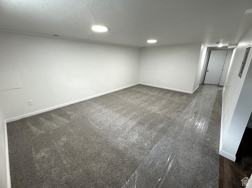 Finished basement with baseboards and carpet floors