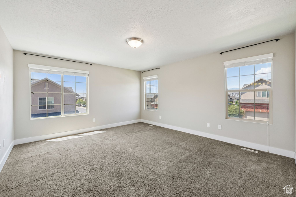 Spare room featuring carpet floors and a textured ceiling