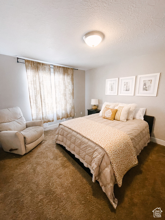 Carpeted bedroom with a textured ceiling