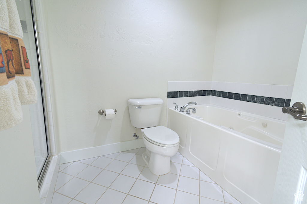 Bathroom featuring tile patterned flooring, a bath, and a stall shower