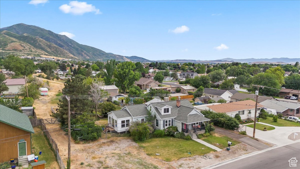 Aerial view of residential area with mountains