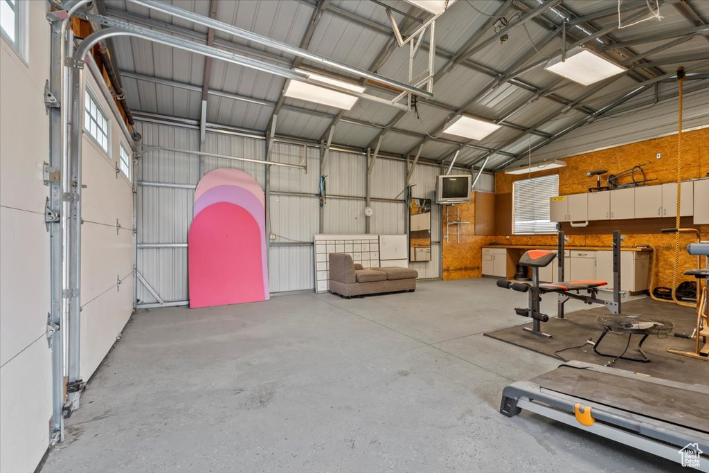 Garage featuring metal wall