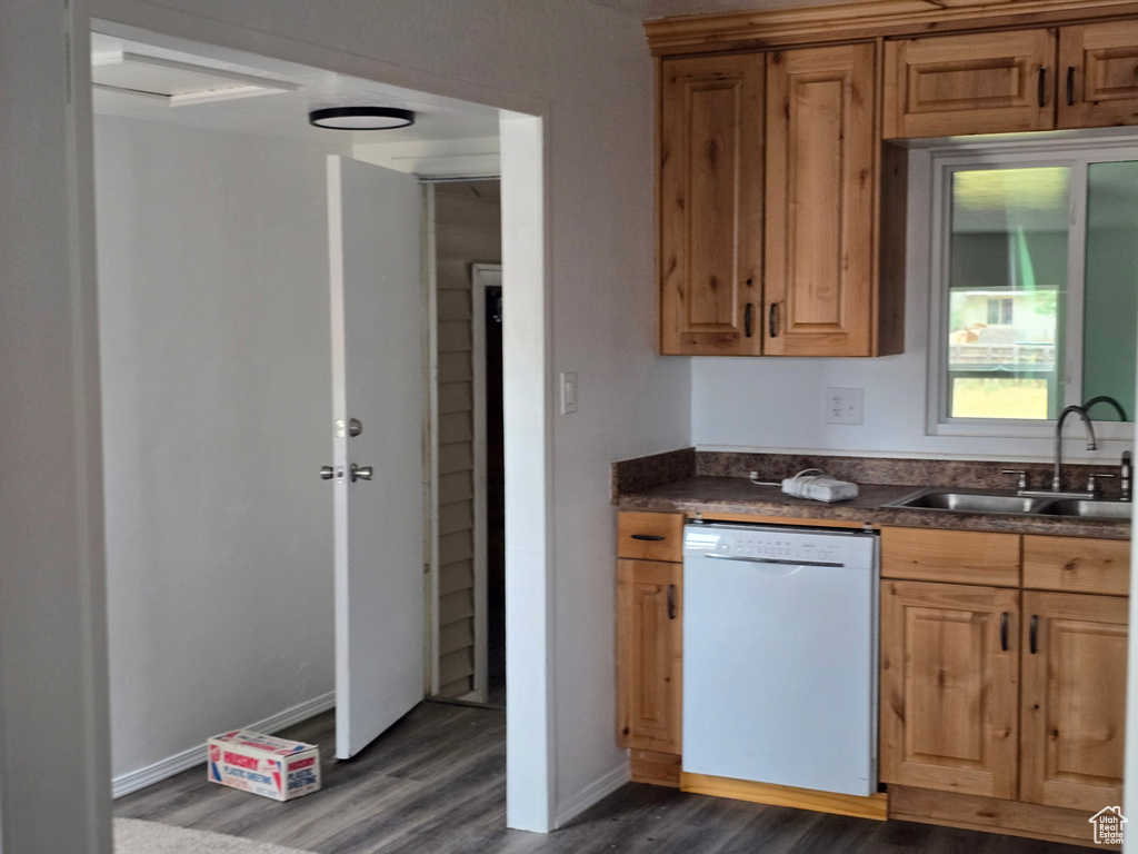 Kitchen with dishwasher, dark wood-style floors, and dark countertops