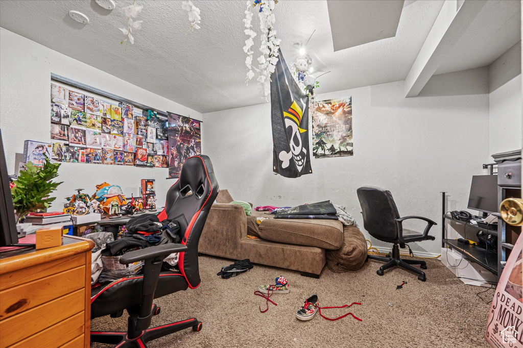 Bedroom featuring carpet and a textured ceiling