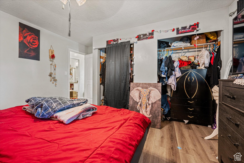 Bedroom with wood finished floors and a textured ceiling