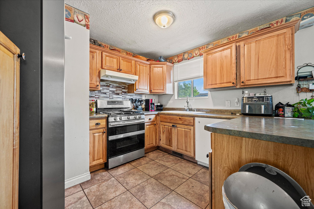 Kitchen with stainless steel gas range, under cabinet range hood, white dishwasher, light tile patterned flooring, and dark countertops