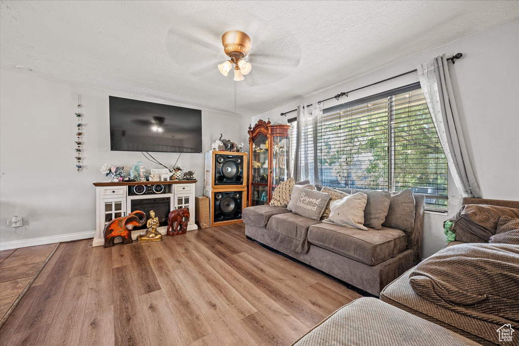 Living room with wood finished floors, a ceiling fan, and a textured ceiling