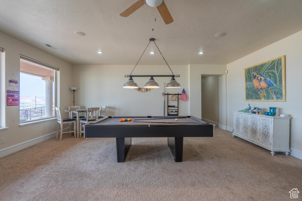 Game room with carpet flooring, billiards, recessed lighting, a ceiling fan, and a textured ceiling