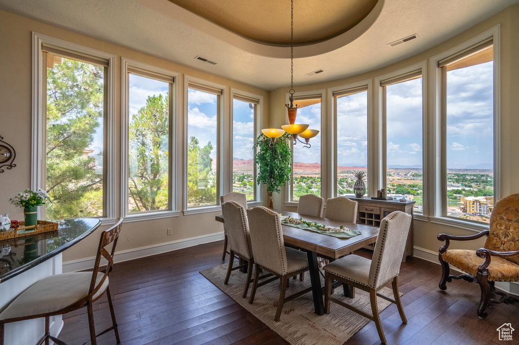 Dining area with dark wood-style flooring and a raised ceiling