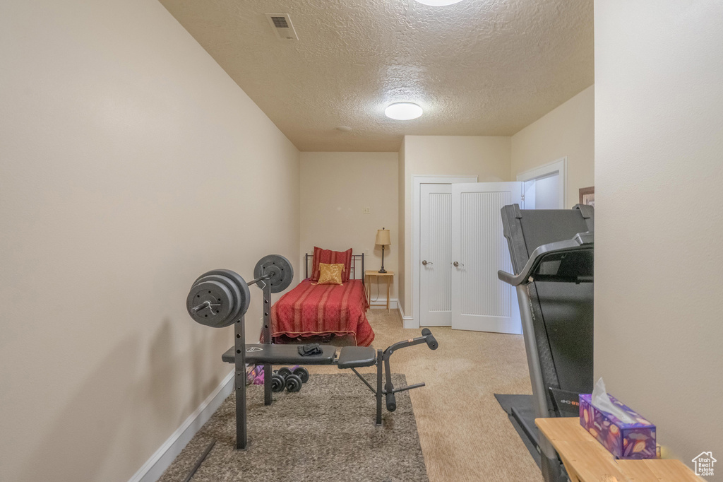 Workout area featuring a textured ceiling and carpet floors