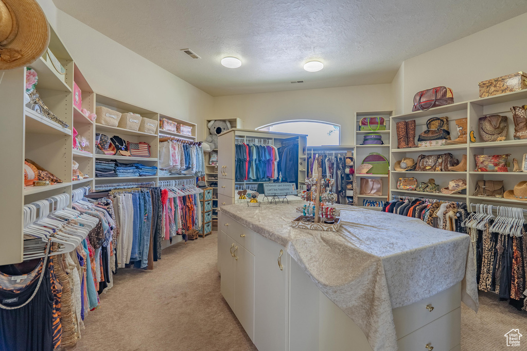 Spacious closet with light carpet