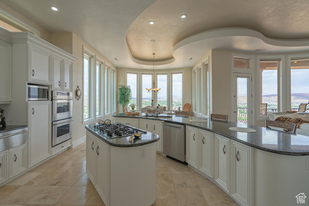 Kitchen featuring a center island, stainless steel appliances, a warming drawer, a tray ceiling, and recessed lighting