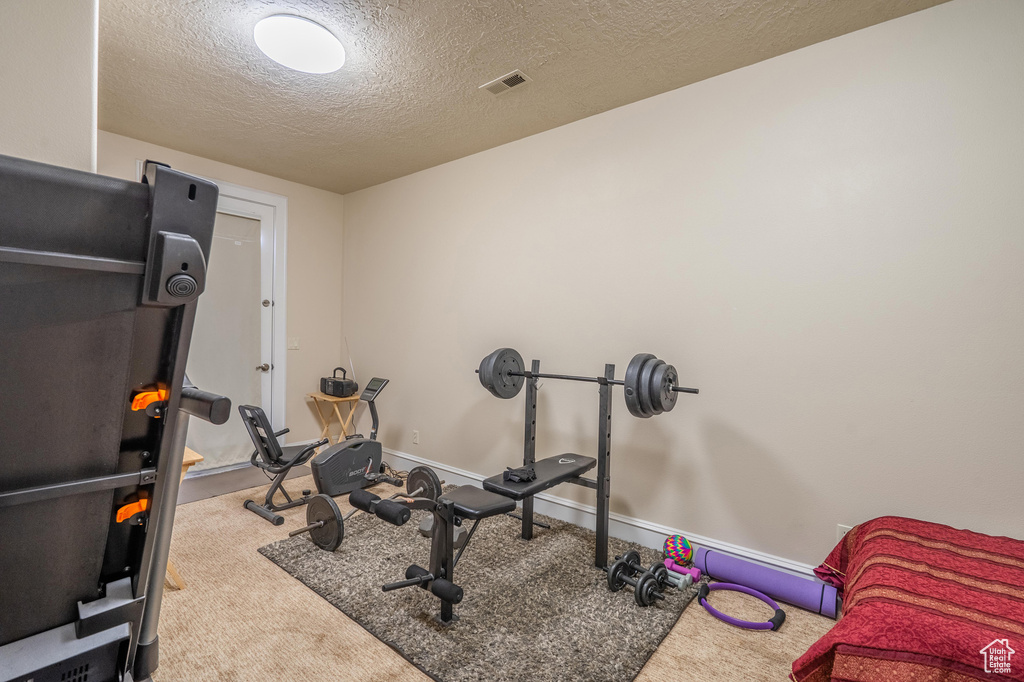 Workout room with carpet and a textured ceiling