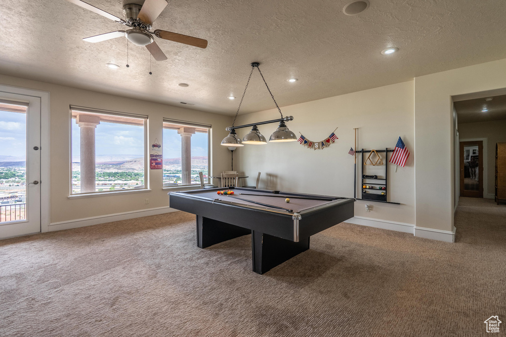 Rec room featuring carpet floors, a textured ceiling, billiards table, recessed lighting, and ceiling fan