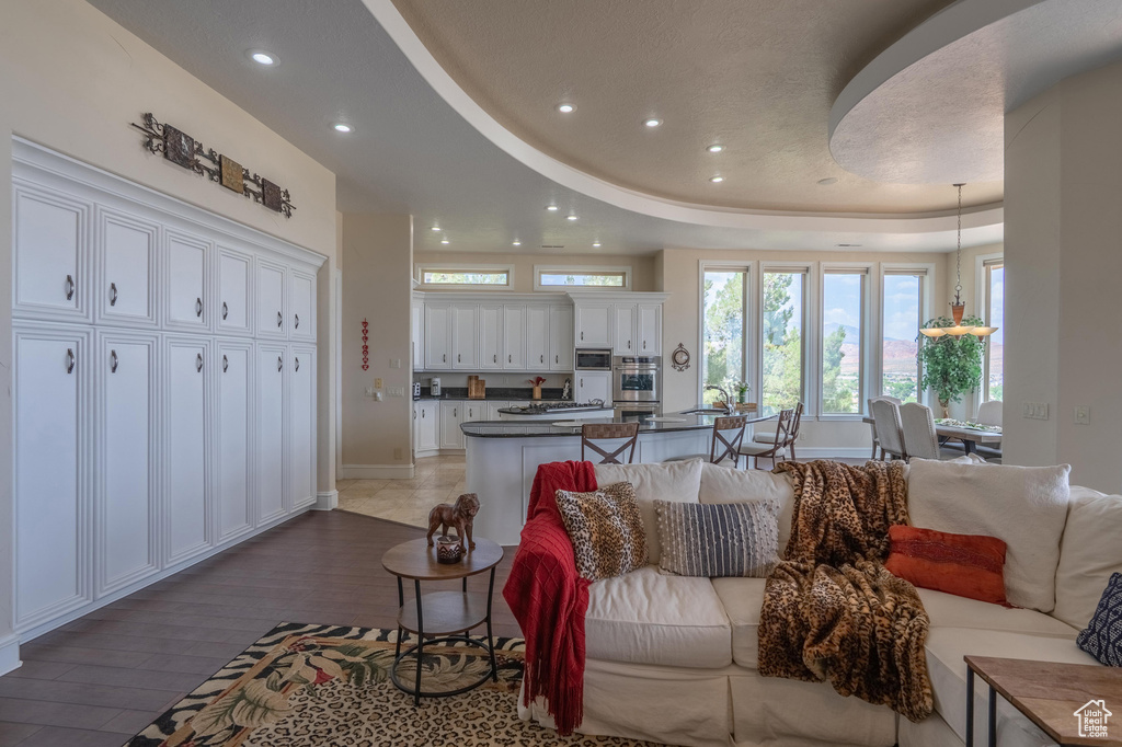 Living room featuring a tray ceiling, wood finished floors, and recessed lighting