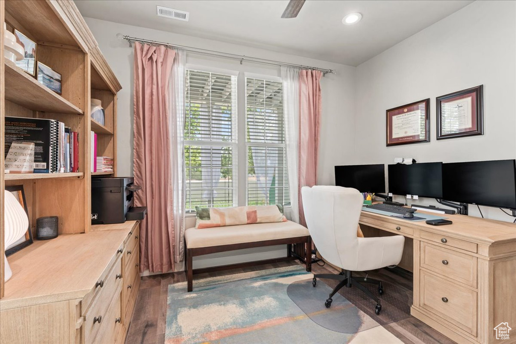 Office area with wood finished floors, plenty of natural light, recessed lighting, and ceiling fan