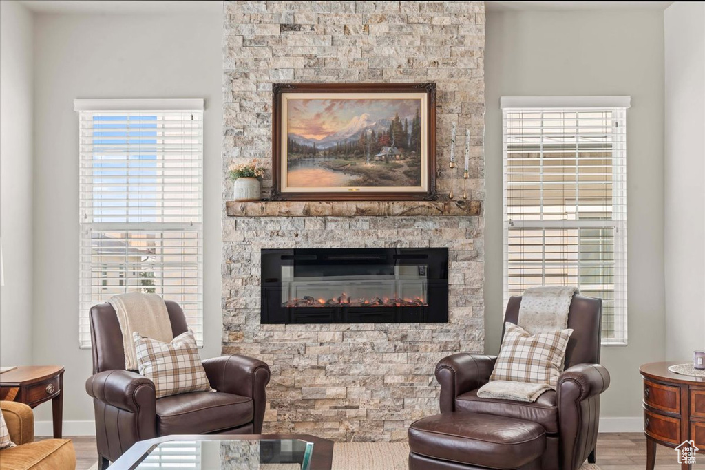 Living area with a stone fireplace and wood finished floors