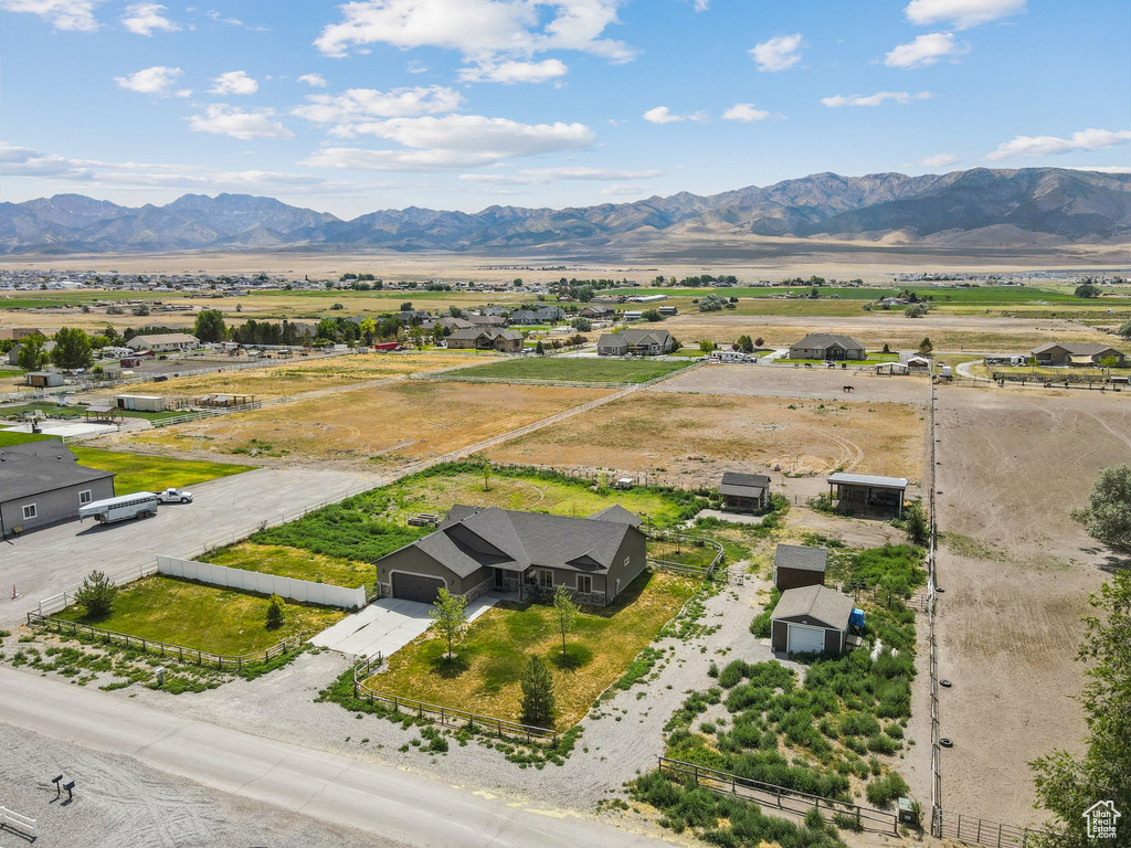Overview of rural landscape featuring mountains