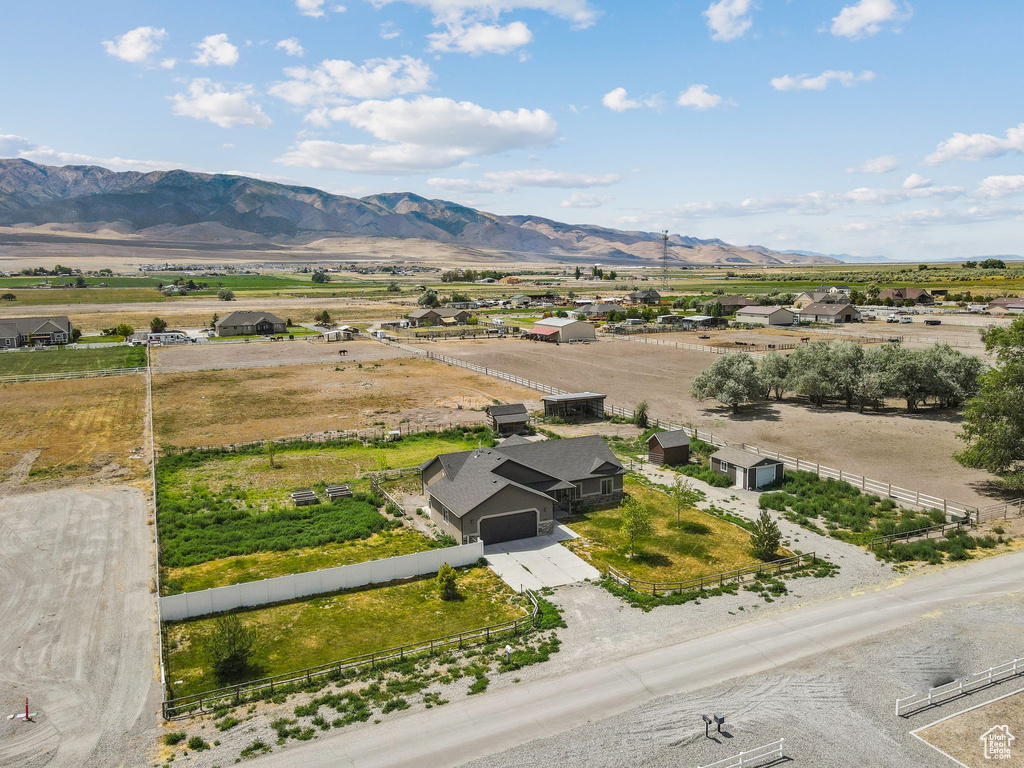 Overview of rural landscape featuring a mountain backdrop