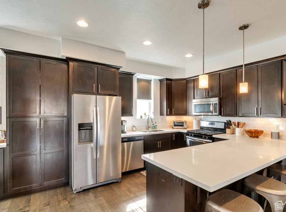 Kitchen with stainless steel appliances, dark brown cabinets, a peninsula, a kitchen breakfast bar, and recessed lighting