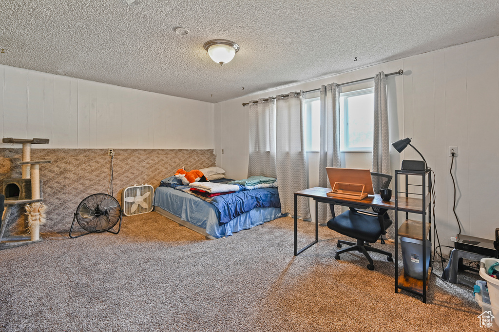 Carpeted bedroom featuring a textured ceiling and a desk