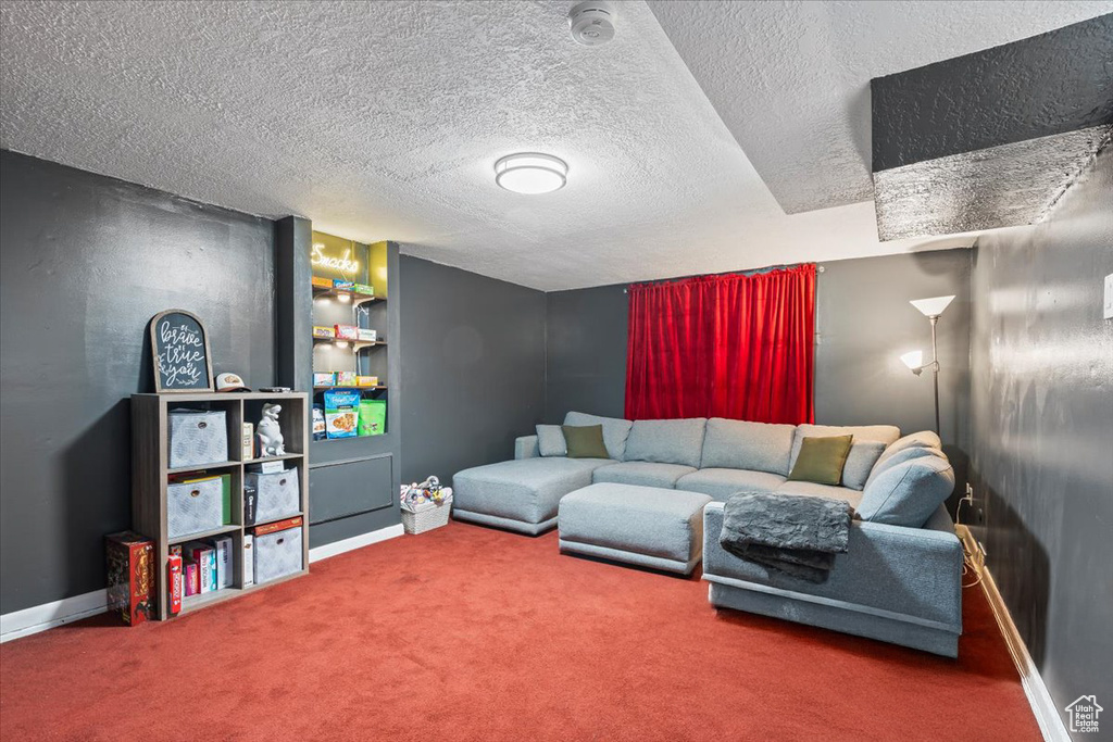 Living room with carpet, a textured ceiling, and built in features