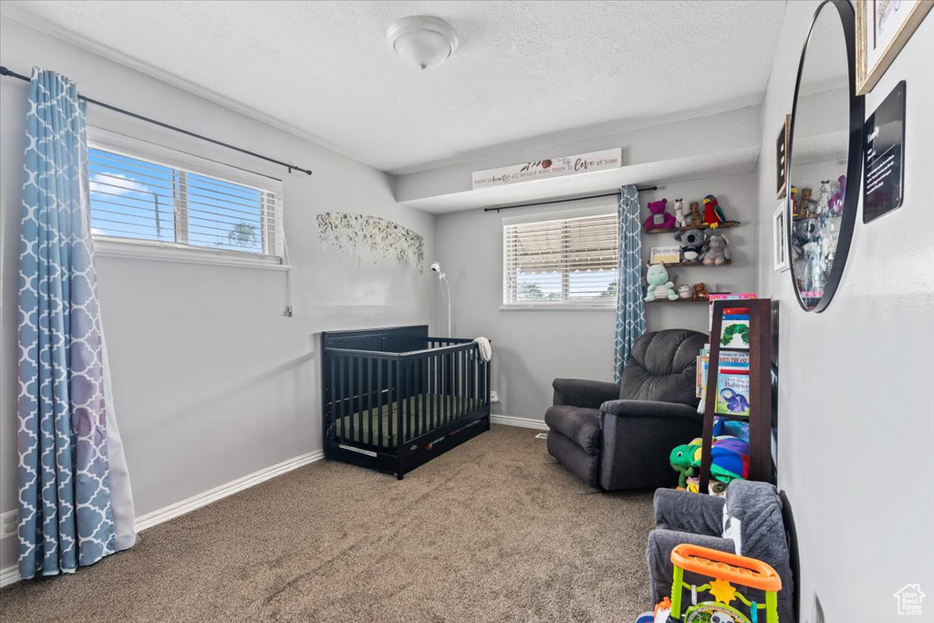 Carpeted bedroom with a nursery area, multiple windows, and a textured ceiling