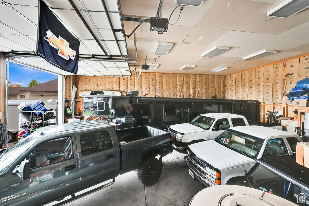 Garage with wallpapered walls