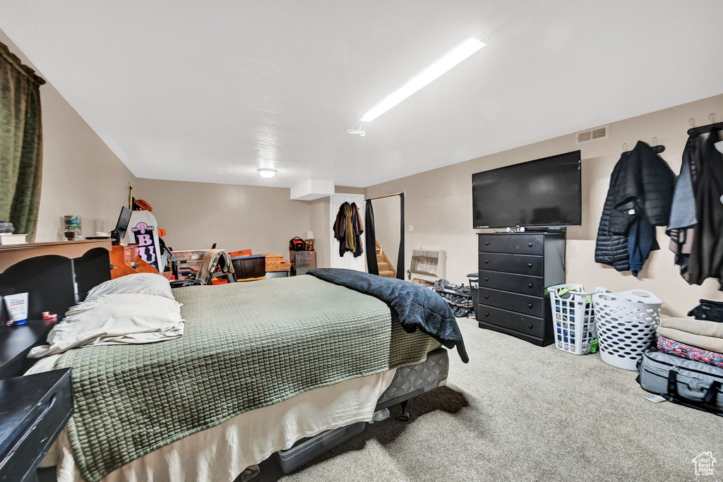 Carpeted bedroom with a closet