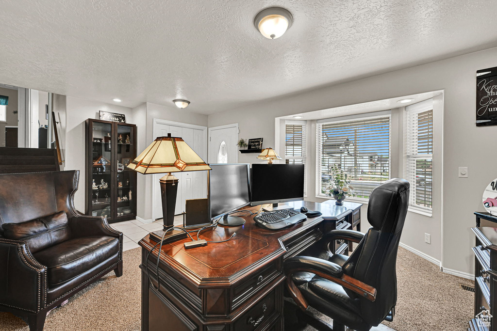 Office space featuring a textured ceiling and light colored carpet