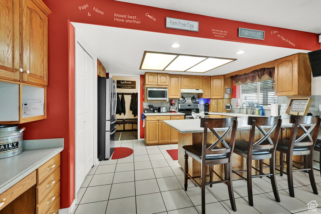 Kitchen with stainless steel appliances, under cabinet range hood, light countertops, a kitchen breakfast bar, and a peninsula