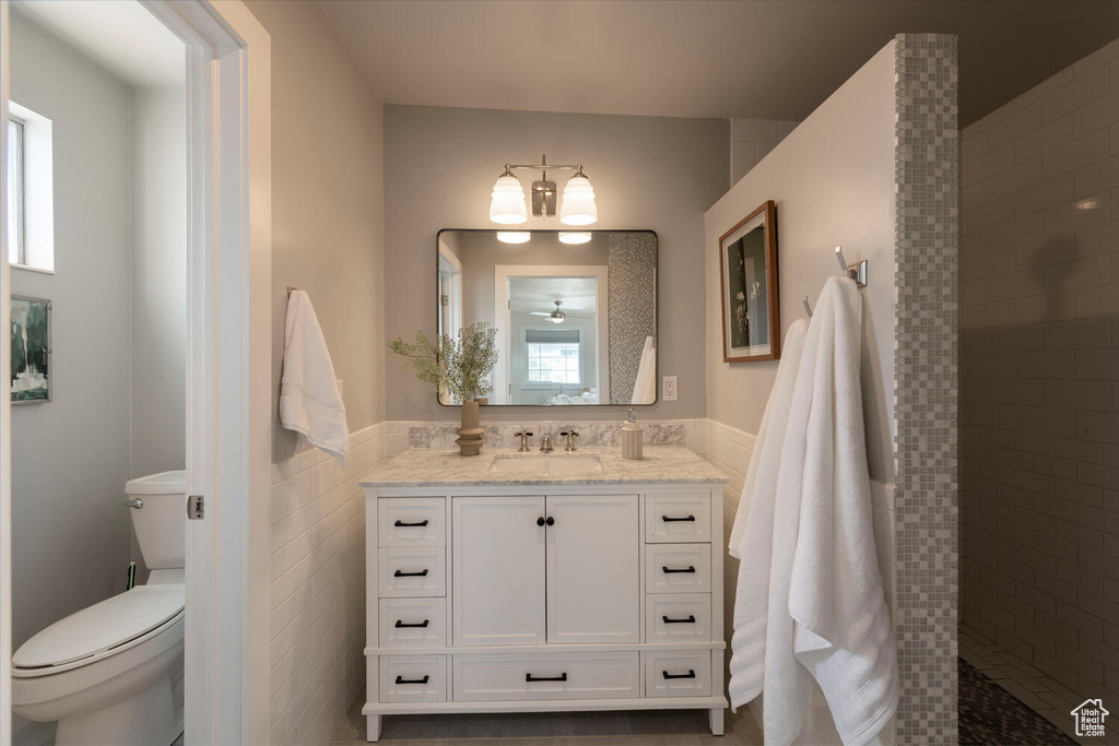 Bathroom featuring vanity, healthy amount of natural light, walk in shower, and a wainscoted wall