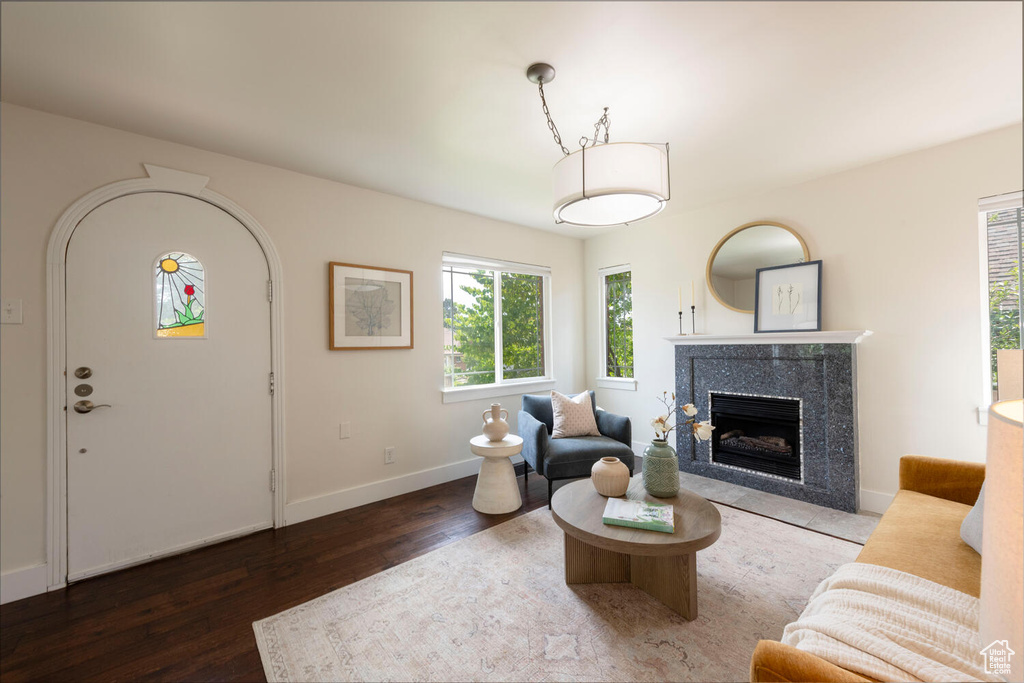 Living area featuring a high end fireplace and wood finished floors