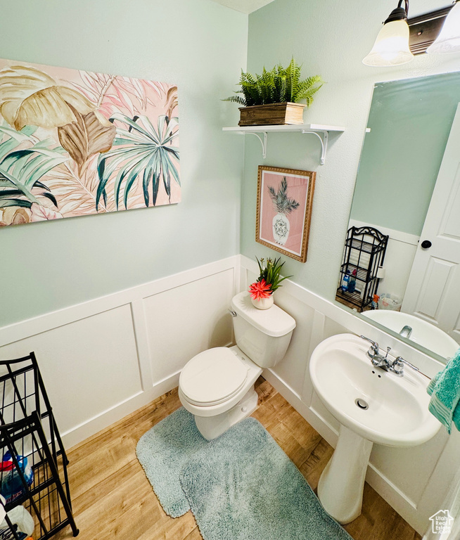 Bathroom featuring wood finished floors, a decorative wall, and wainscoting