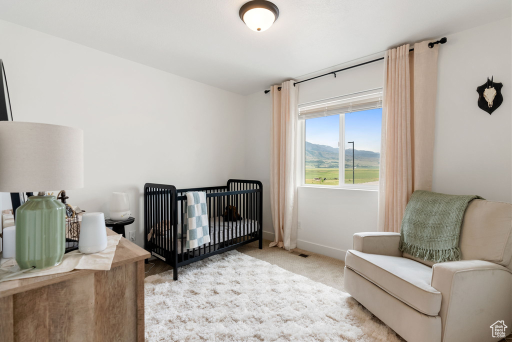 Bedroom with carpet flooring, a nursery area, and a mountain view