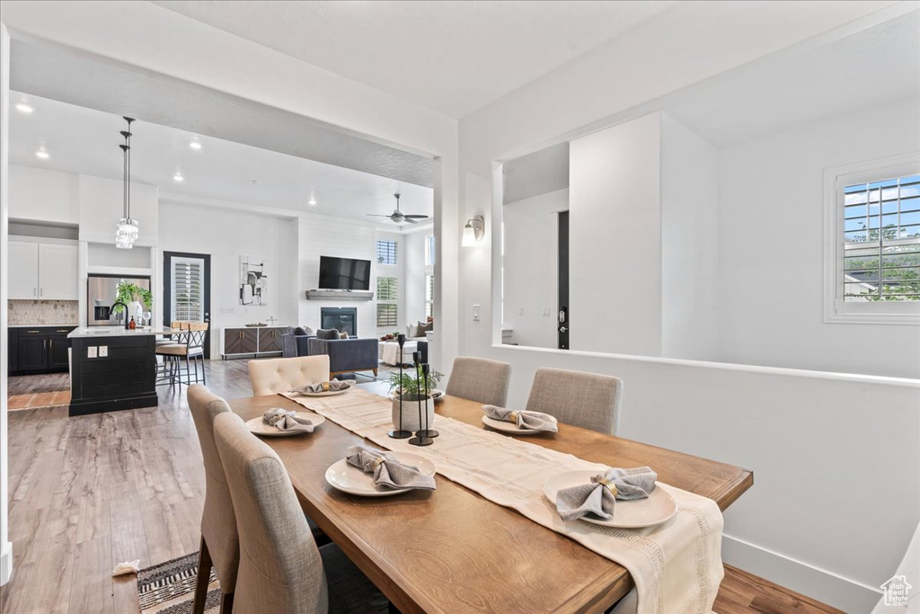 Dining room with light wood-style flooring, a fireplace, a ceiling fan, and recessed lighting