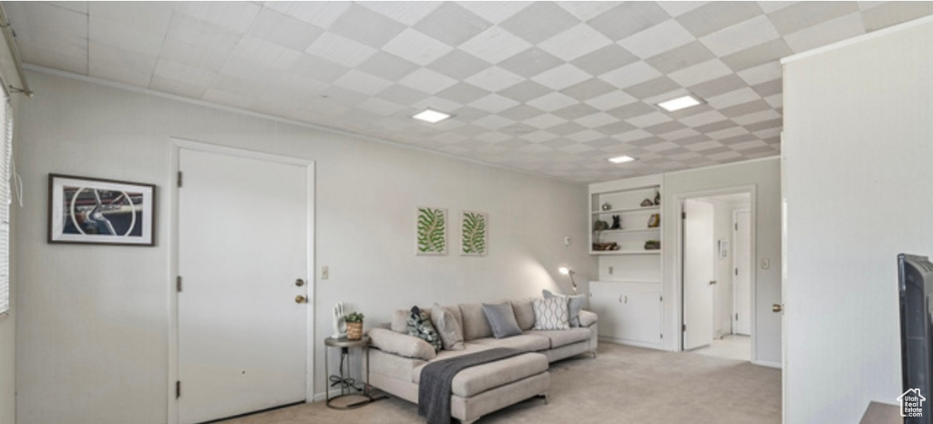 Living area featuring light carpet