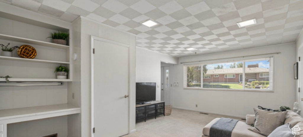 Living room with light colored carpet