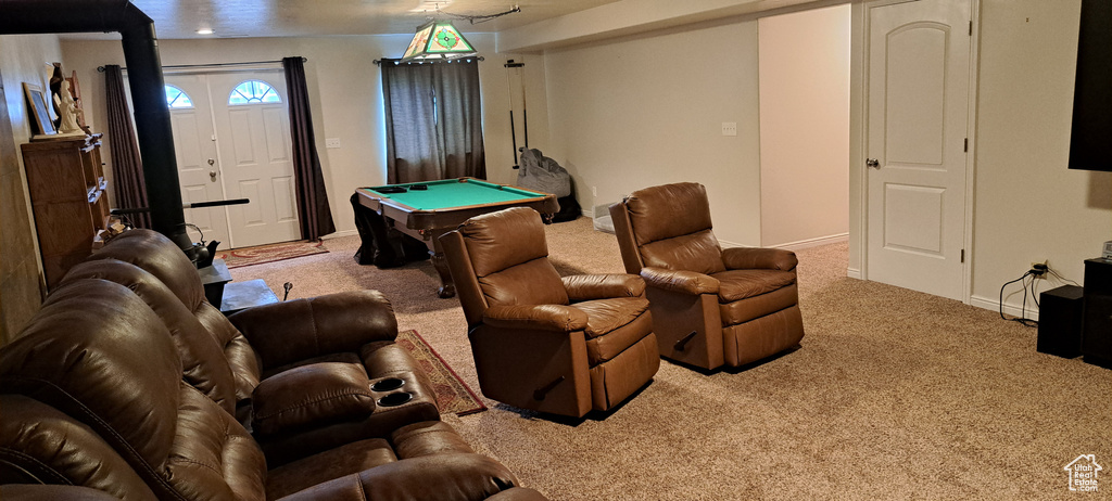 Game room featuring carpet and billiards table