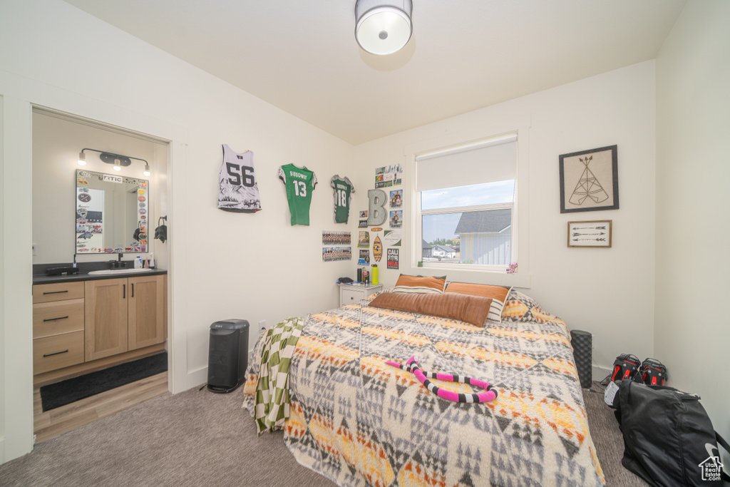 Bedroom featuring a sink and light colored carpet