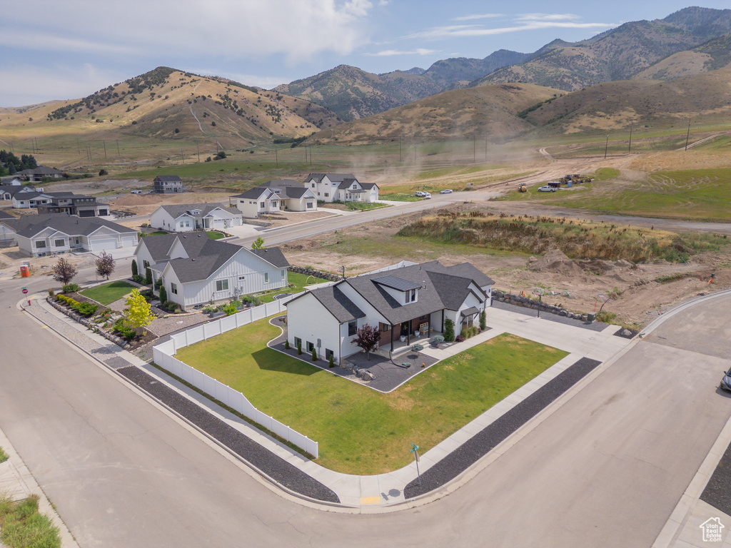 Aerial perspective of suburban area with mountains