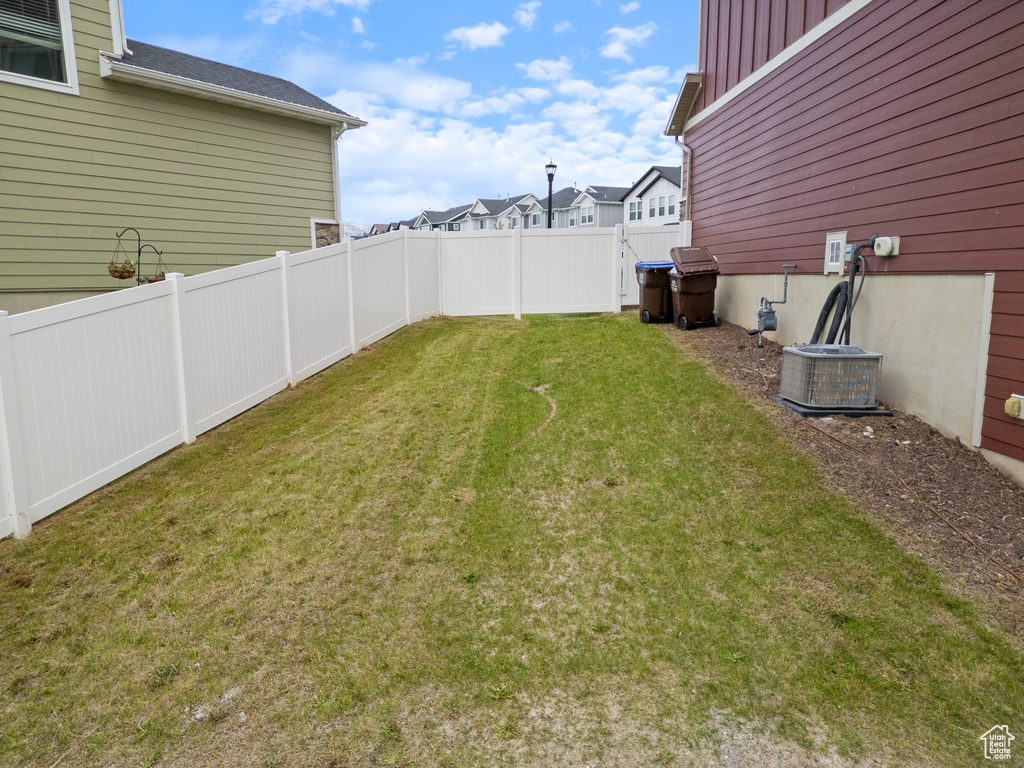 Fenced backyard featuring a residential view