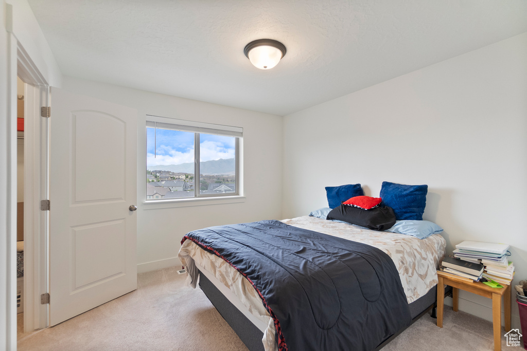 Bedroom with light carpet and baseboards