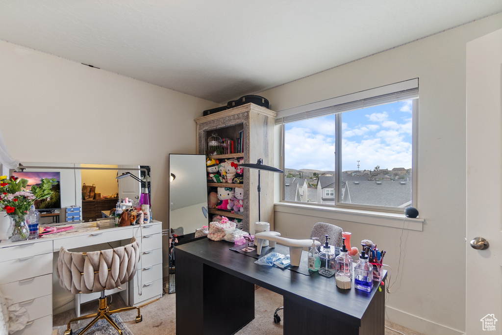 Home office with light carpet